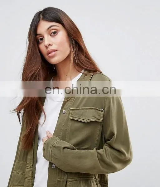 2016 Fashion Laper Collar Long Sleeve Women Army Green Front Button Jacket photo-4