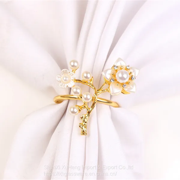 Shiny Gold Plated Napkin Ring Holder With Pearl Flower photo-4