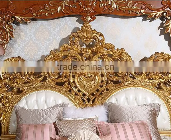 Royal Place Gold Leaf Finished Full Solid Wood Carving Bed, Arabic Golden Style Bedroom Furniture(MOQ=1 SET) photo-3