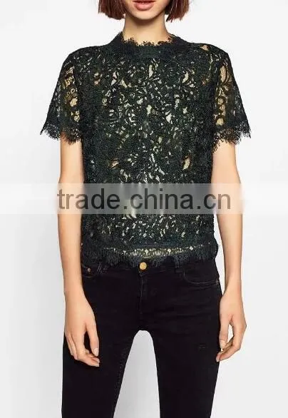 Runwaylover EY2368B Hot Sale 2017 Ladies Hollow Out Shrt Sleeve Lace T-Shirts photo-5