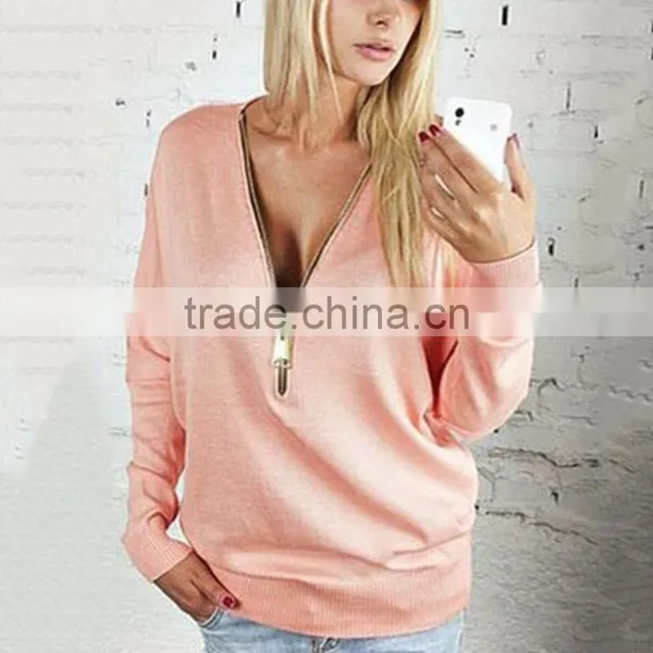 Sexy Deep V-neck Zipper Bat Sleeve Long Sleeve T-shirt Woman Who Dress Dress photo-5