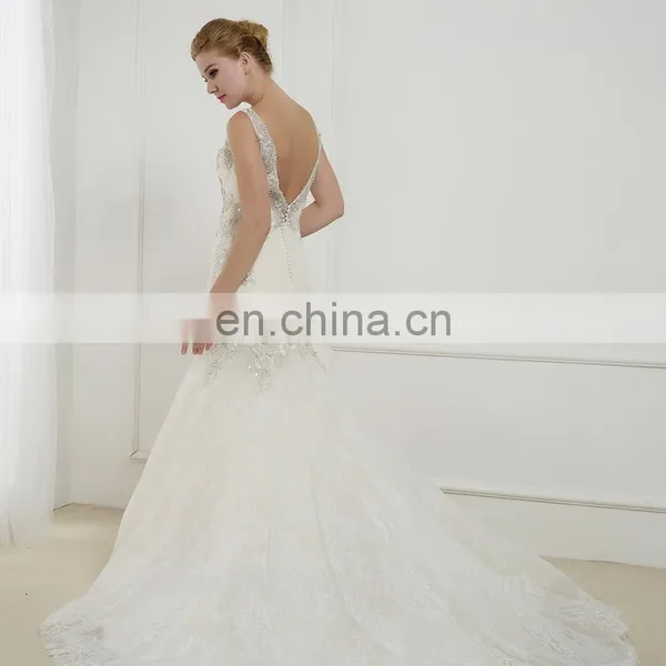 14435 New Fashion Beaded Silver Lace Bridal Dress V-Neck Straps Open Back Court Train Appliques Wedding Dress photo-2