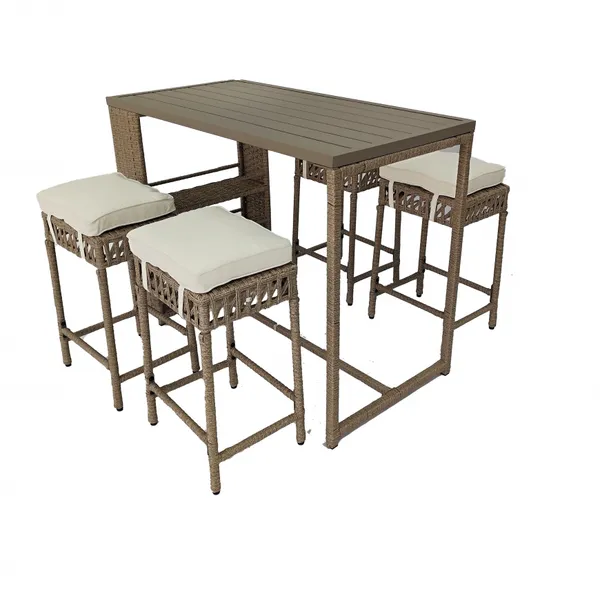 5 Piece Beige Rattan Wicker Bar Set, Patio Dining Furniture, Wine Glass Holder and 4 Bar Stools photo-3