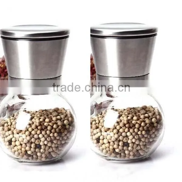 Unique Design Brushed Stainless Steel and Glass Salt and Pepper Grinder Set Large Capacity Round Glass Body photo-5