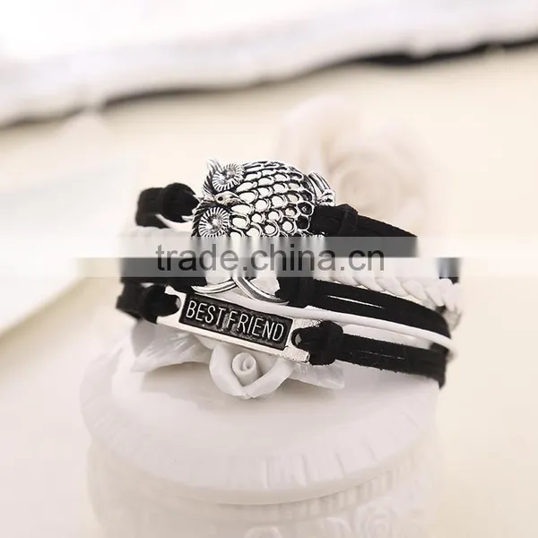 Hot Sale Fashion Alloy Vintage Peace Sign Owl Multi Strand Weave Leather Bracelet photo-2