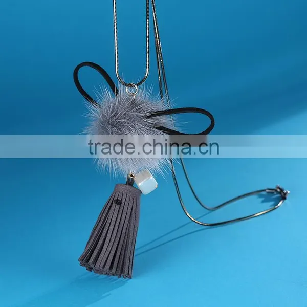 Autumn Winter Mink Hair Ball Pendant Necklace Velvet Tassel Long Necklace Long Sweater Necklace photo-4