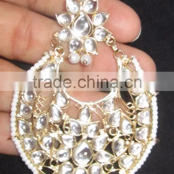 JADAU KUNDAN GOLD PLATED Dangler Chand Bali EARRINGS TIKA SET Real Look photo-2