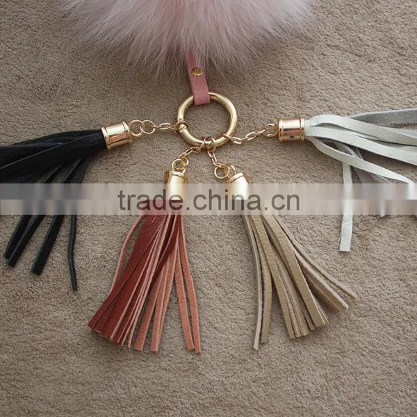 Myfur Baby Pink Real Leather Tassel Fox Fur Pom Puff Key Ring Bag Accessory photo-3