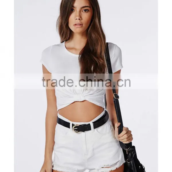 Plain Fashion Cap Sleeve Round Neck Knot Front Wihte Blouse photo-5