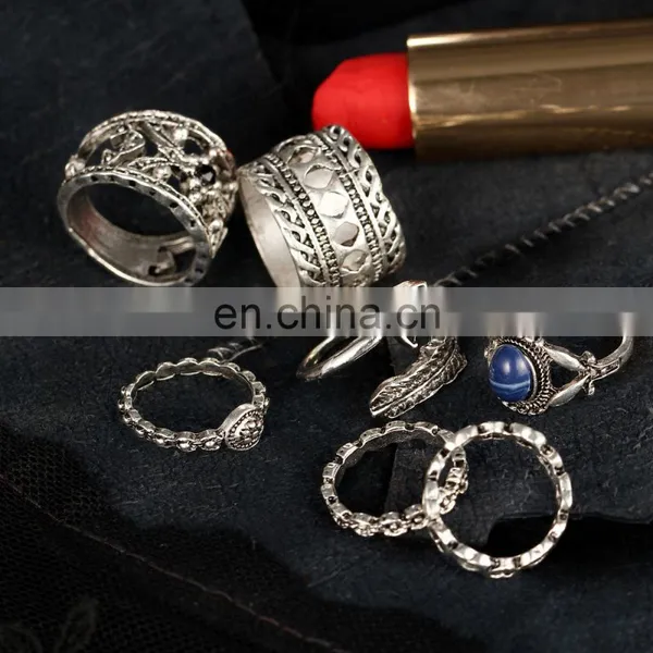 7pcs/set Retro Carved Gemstone Bohemian Gem Finger Knuckle Ring photo-4