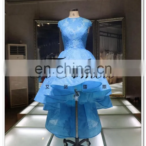 Evening Party Formal Dinnder Applique Wedding Dress 2017 Blue Lace Cap Sleeves High Low Dress Prom Party Dress