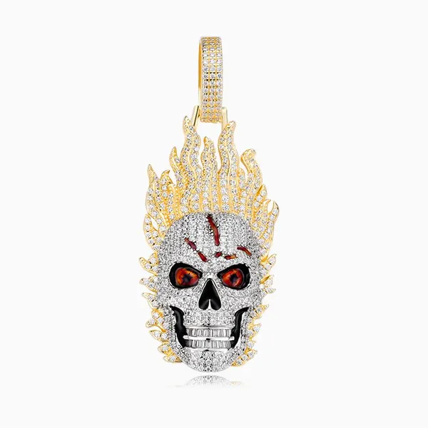 Shining Star Jewelry Enamel Eye Iced Out Micro Paved Skull On Fire Pendant photo-3