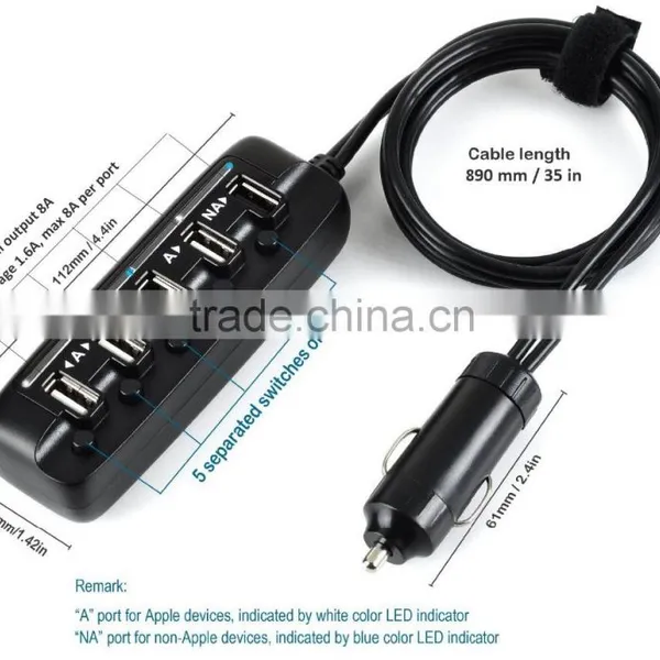 5 Port USB Mobile Phone Car Charger With Cable Switch & LED Light Power Bank Car Charger