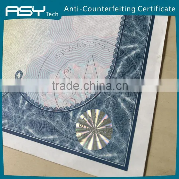Hot Stamping Hologram Security Paper Certificate Printing