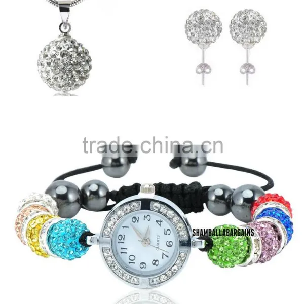 Multicolor Shamballa Jewelry Watch Set Braclet Watch/Necklace Pendant/Stud Earrings SetsBS064