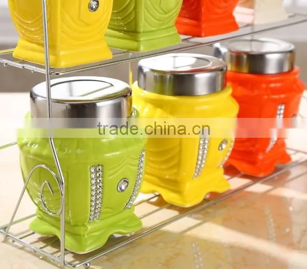 Colour Ceramic Canister Set With Stainless Metal Stand photo-4