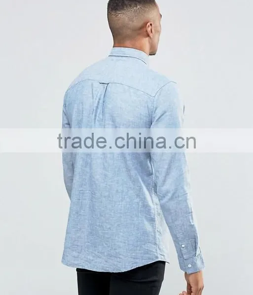 Guangzhou Custom Pre-Shrunk Long Sleeve Spread Collar 55% Linen 45% Cotton Regular Fit Casual Blue Solid Mens Shirts photo-2