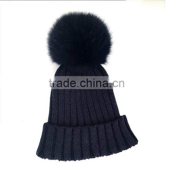 Myfur Navy Color Adult Wholesale Knit Hat With Dyed Fox Fur Ball photo-5
