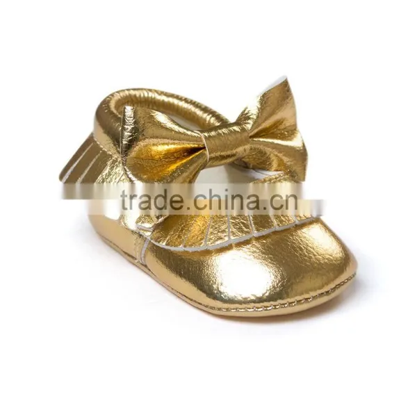 Golden Baby PU Moccasins, Bow Design Little Girl Moccasins photo-2