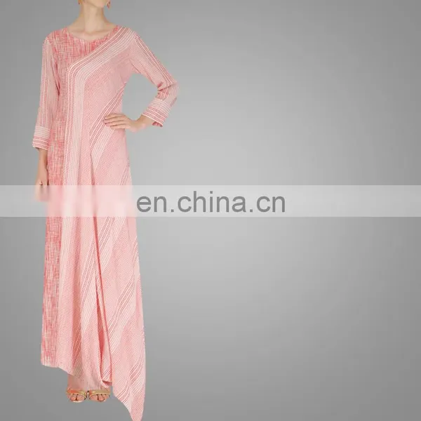 Modern Pink And White Textured Long Dress Fashion Long Sleeves Maxi Dress For Ladies photo-2