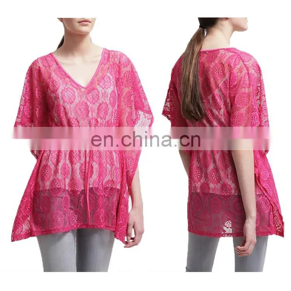 Fancy Flower Short Cover Up Bikini Lace V Neck Kaftan photo-2