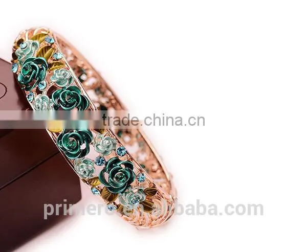 Rhinestone Embed Hollow Leaves Blessing Flowers Rose Golden Bracelets Bangles Women photo-6