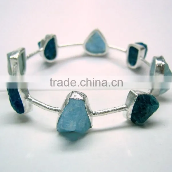 Aquamarine & Neon Apatite Multi Stone Rough Matt Bangle, 925 Solid Sterling Silver Bangle, Designer Natural Gemstone Raw Bangle photo-3