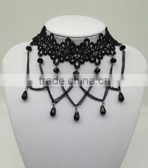 Women Gothic Black Beads Drop Lace Choker Collar Retro Chain Tassel Necklace photo-5