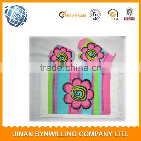 100% Cotton 3 PCS Kitchen Set Oven Mitt Pot Holder & Dish Towel Beautiful Flowers Printed TOWEL