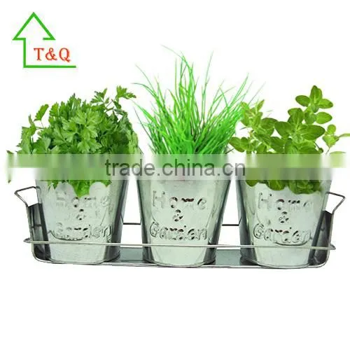 3 Set Tin Pot Tray Garden Porch Windowsill Metal Plant Pot