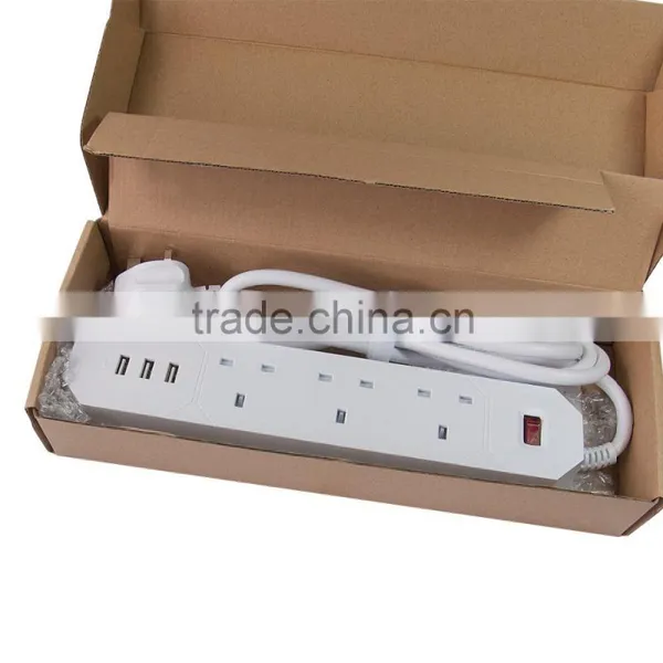 1.8meter White UK 3-Outlet USB Extension Socket With 3USB Charging Ports photo-3
