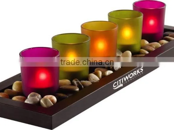 Kawachi 4-piece Jewel Tone Candle Tray With Genuine River Rocks
