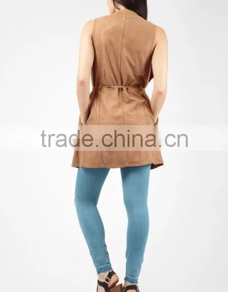 Designer Sleeveless Jackets Trendy Suedette Roll Neck High Waist Sleeveless Jacket Ladies For Outdoor Casual Wear photo-4