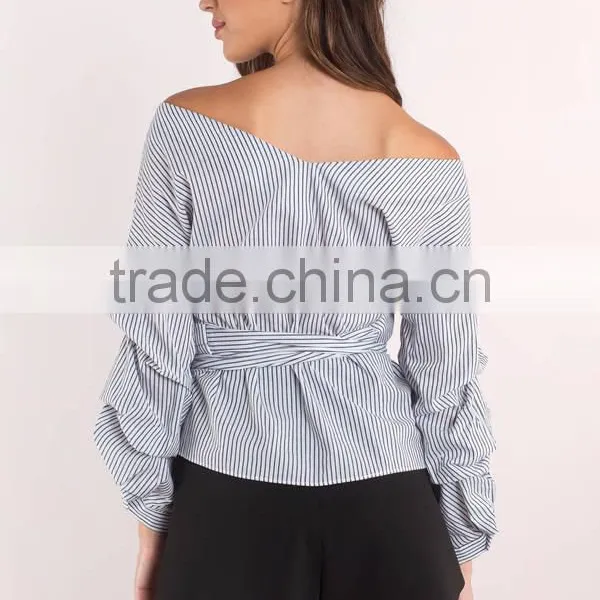 Wrap Neck Women Off Shoulder Stripe Blouse Women photo-2