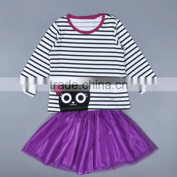 Cartoon Kitty Stripe Long Sleeve T-shirt and Short Skirt 2 Piece Set for 2-6 Years photo-2