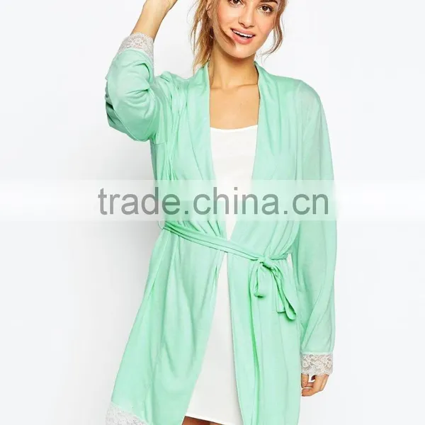 Soft Touch Jersey Fabric Open Front Lace Trim Bath Robe for Lady photo-2