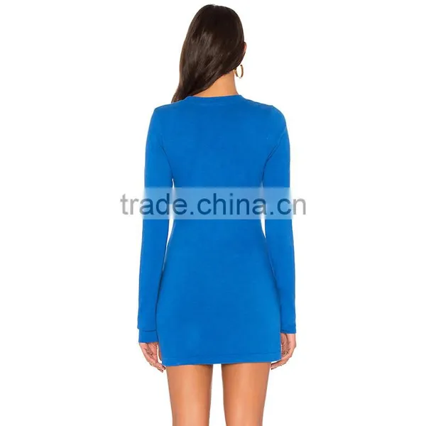 Royal Blue Crew Neck Long Sleeves Fitted Knitted Short Dress photo-3