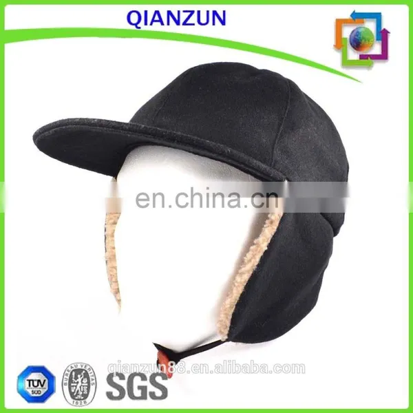 Custom Flat Brim Baseball Cap With Ear Flaps Fashion Men Black Snow Cap photo-4