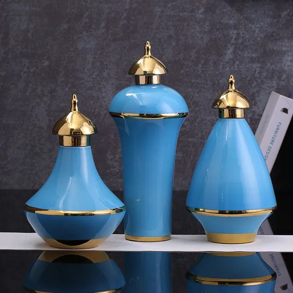 New Chinese Style Creative Jingdezhen Blue Gilded Ceramic Decoration Vase For Hallway photo-2