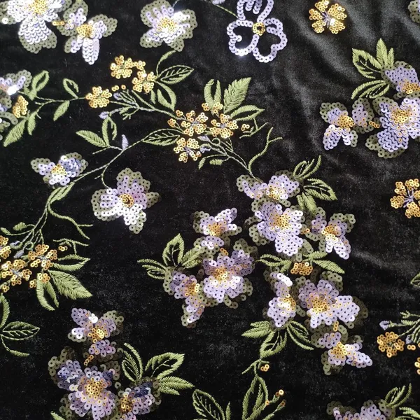 XF6069 Chinese Style Green Plants Embroidered Velvet Fabric Sequined photo-2