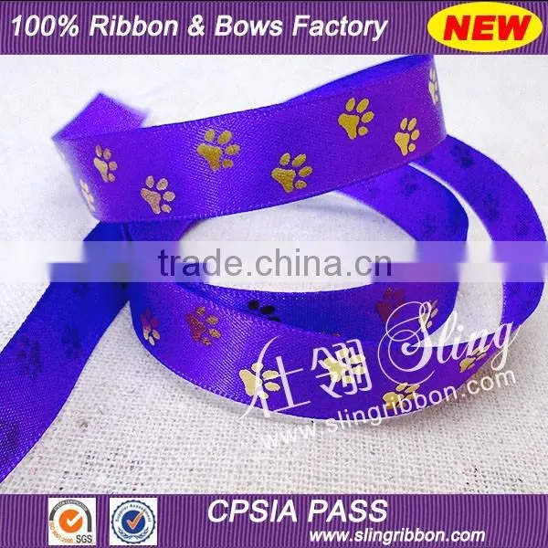 Wholesale 13mm Dog Paw Gold Foil Printed Satin Ribbon photo-2