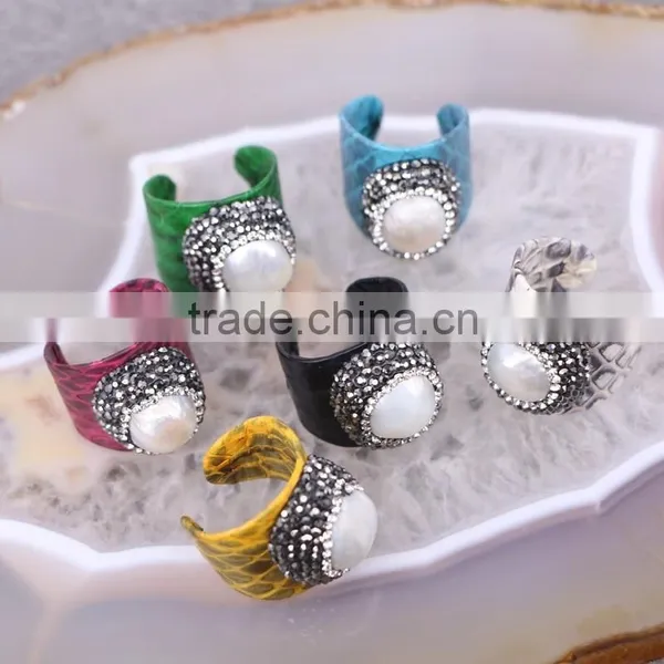 Natural Freshwater Pearl Ring, Snakeskin Rings, Pave Setting Crystal Jewelry Finger Gemstone Fashion Ring photo-2