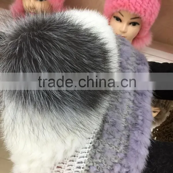 White Grey Fashion Grils Kintted Mink Fur Hat With Pom Pom