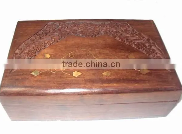 Wood Rectangularbrassinlay Wood Gift Storage Box, Wooden Carved & Brassinlay Box, Decorative Box, Wooden Storage Box photo-2