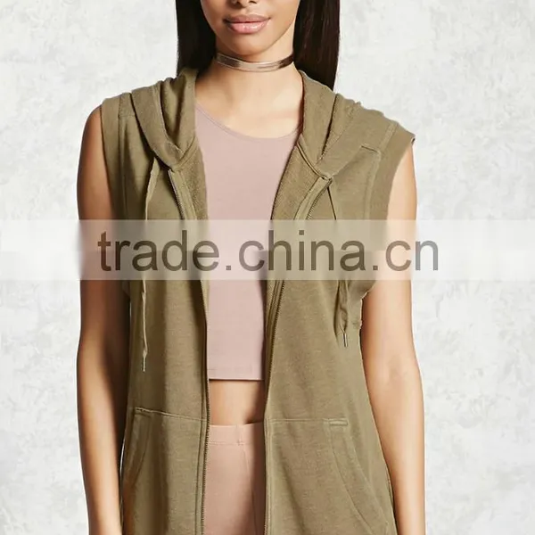 Long Fit Tie Dye Hoodie Women Drawstring Hood Ribbed Trim Heathered Sleeveless Zip Sleeveless Hoodie With Kangaroo Pocket photo-2