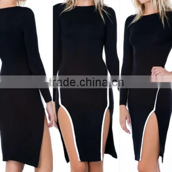 NEW BLACK LONG SLEEVE DOUBLE SLIT WHITE TRIM BODYCON DRESS