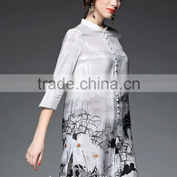 2016 Newest Summer Woman White Long Chinese Silk Shirts OEM Service photo-3