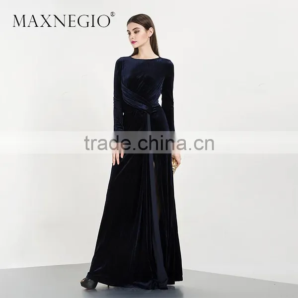 Evening Dresses Pretty Blue Long Sleeve Women Long Formal Party New Arrival Velvet Evening Dresses photo-3