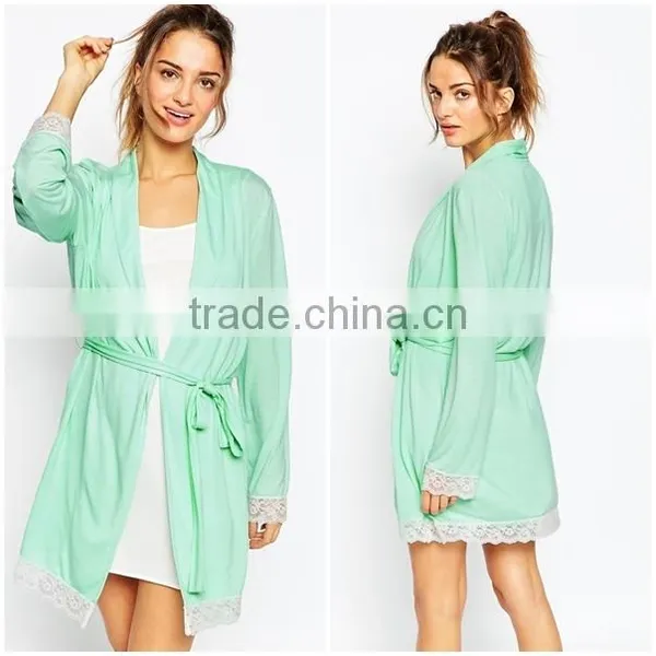 Soft Touch Jersey Fabric Open Front Lace Trim Bath Robe for Lady