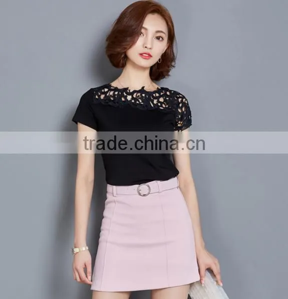 2017 New Design Sexy Women Tops Stitching Hollow Comfortable Women's Lace T-shirt photo-3